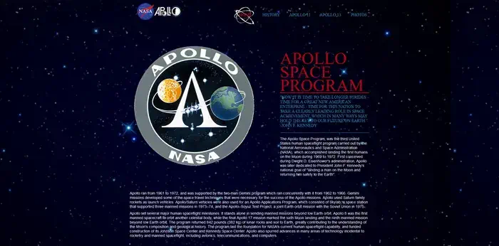 A screenshot of my five page website about the Apollo space program