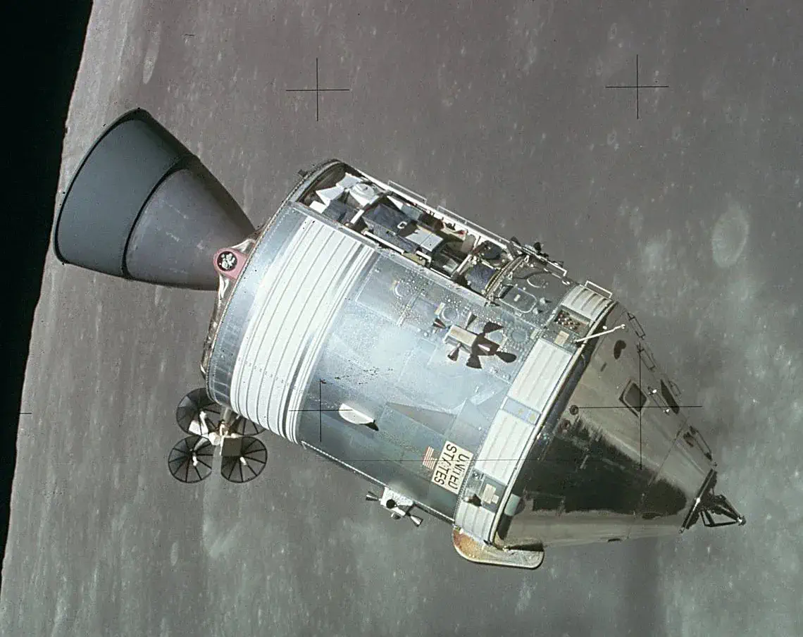 Another angle of the command and support modules orbiting the moon